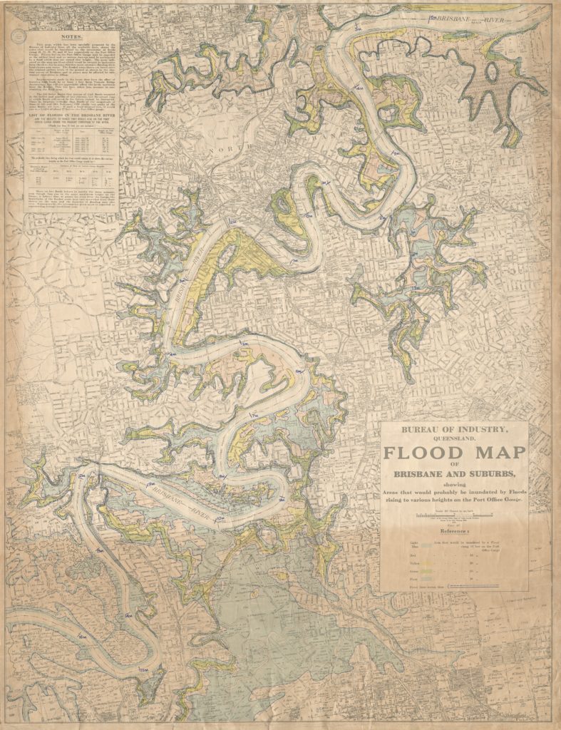 Flood map of Brisbane and suburbs, showing areas that would probably be inundated by floods rising to various heights on the Port Office gauge Bureau of Industry, Queensland. Image: State Library of Queensland