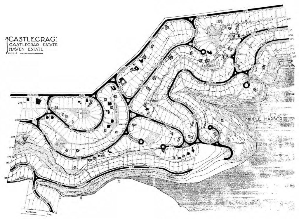 Plan prepared in the Griffins' office in 1932 of the Castlecrag and Haven Estates that today make up the Griffin Conservation Area. Courtesy Walter Burley Griffin Society.