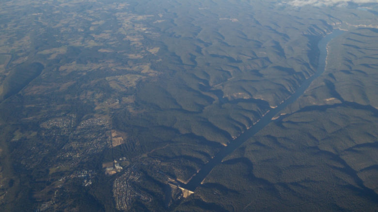 An aerial view of Warragamba Dam on the Hawkesbury-Nepean River system.