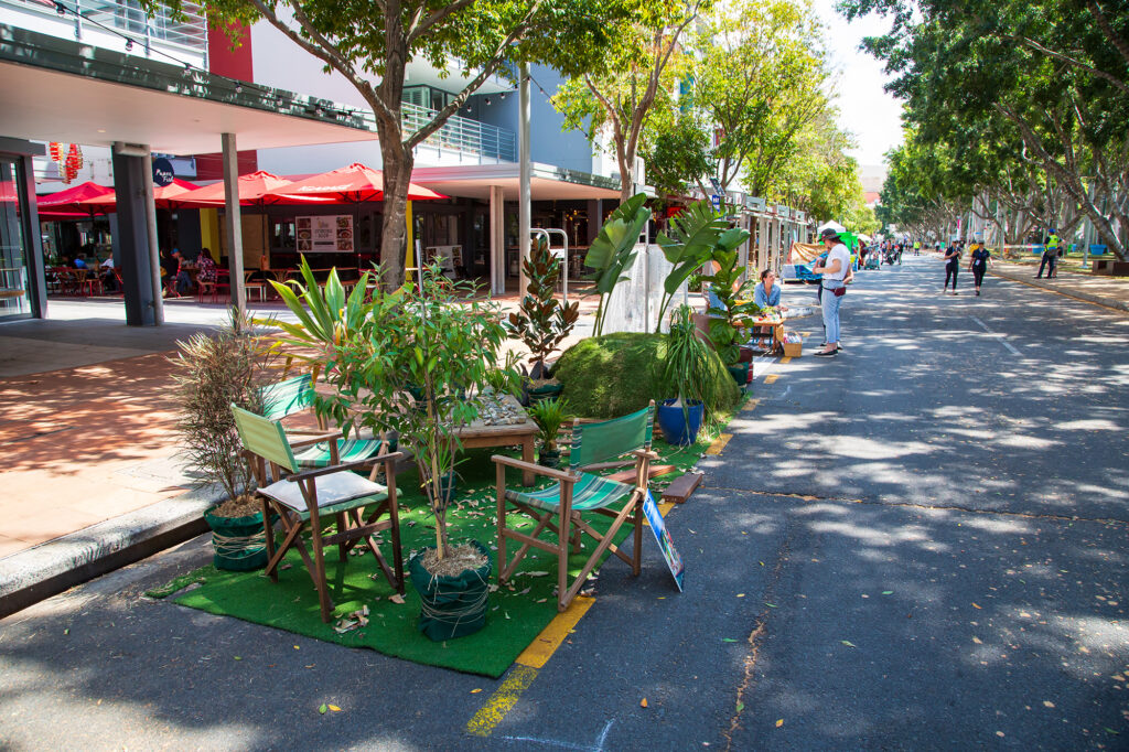 Reclaimed carpark during Brisbane's 2019 Park-ing Day. The response of cities to COVID-19 restrictions draws heavily on recent experiments in tactical urbanism. Photo: Brisbane City Council