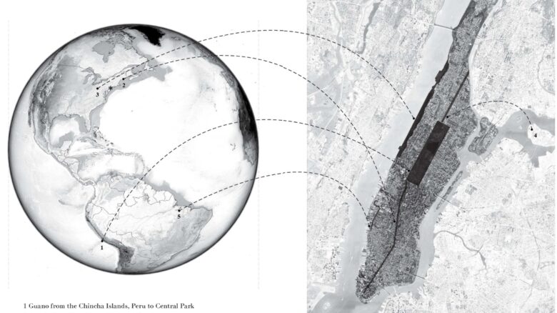 Page from Reciprocal Landscapes, tracking the source of the materials that made New York.